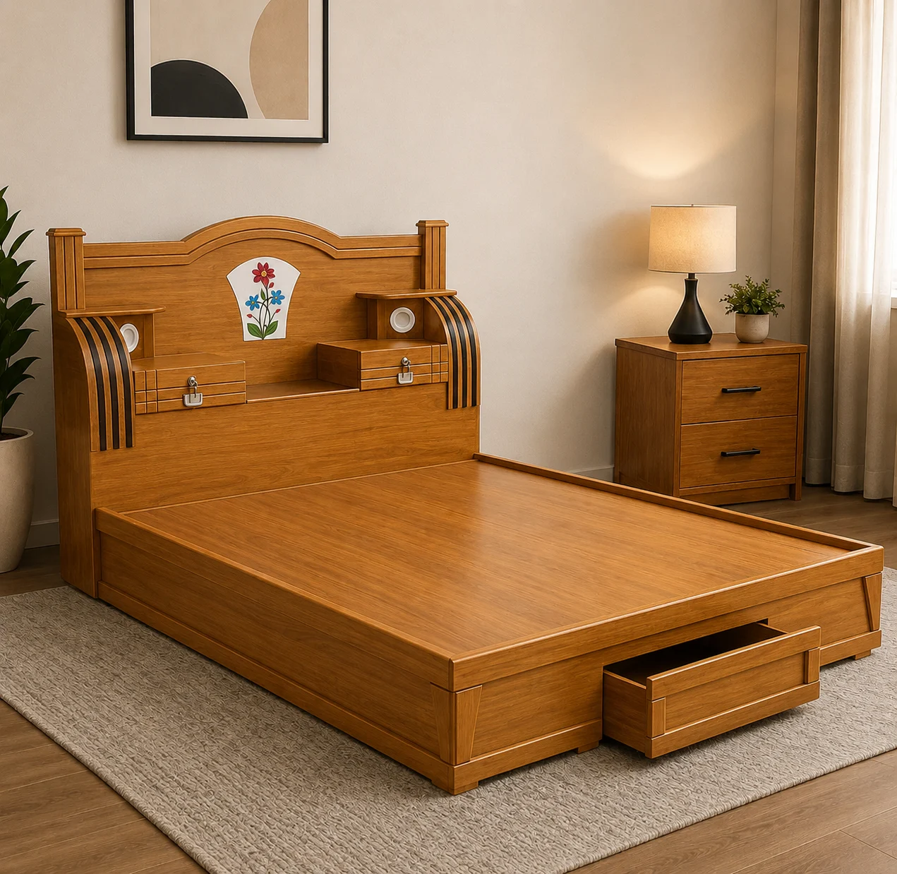 Classic Modern Queen Storage Cot Teak